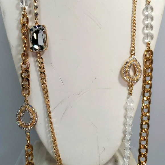 Bijou 36 inch 2 row clear beads with gold link chain necklace - Picture 2 of 14